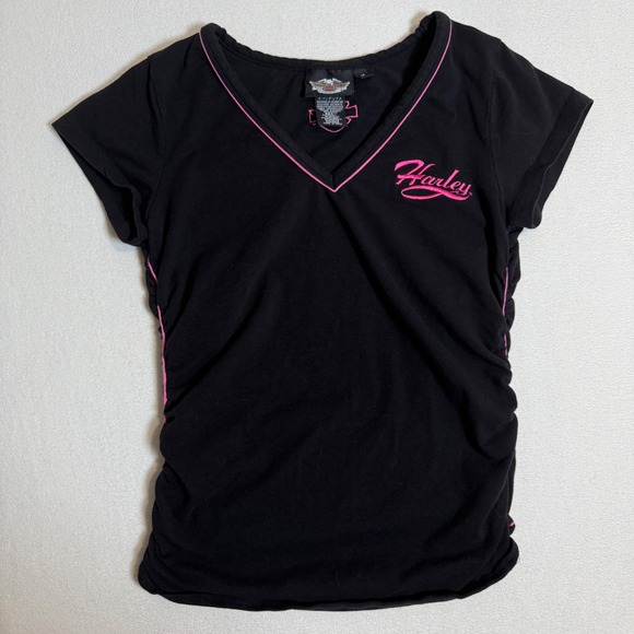 Harley Davidson Womens M Medium Black Pink V Neck Short Sleeve Top T Shirt‎ - Picture 1 of 6